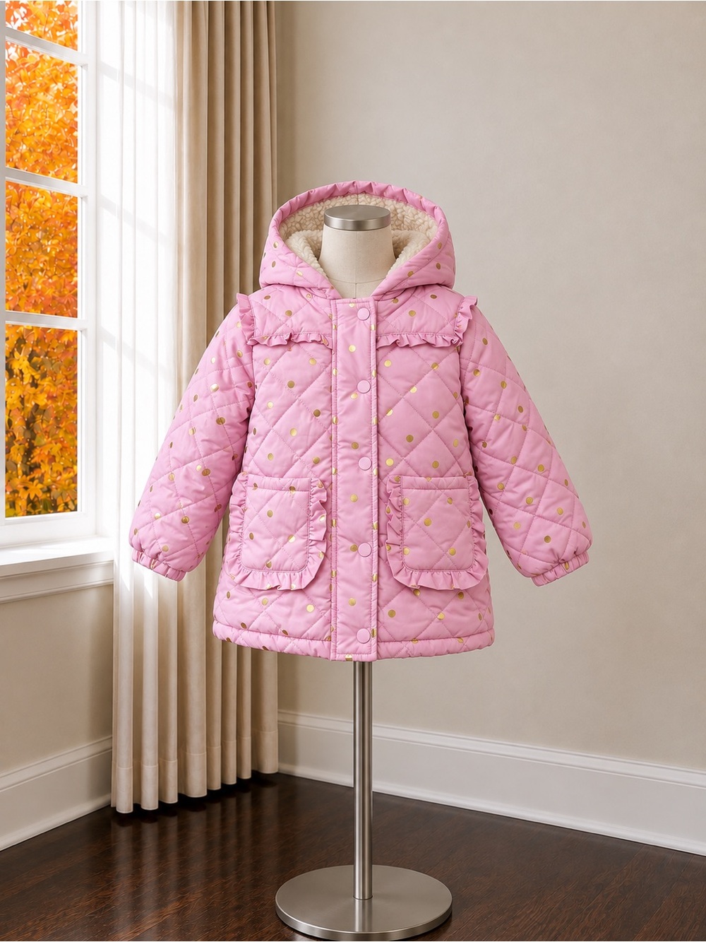 Mini Boden Pink Quilted Hooded Jacket with Gold Dot Print